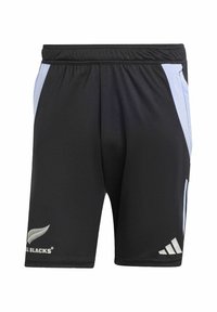 Mustat urheilushortsit, joissa on vaaleansiniset yksityiskohdat, valmistettu kevyestä kankaasta. Ominaisuuksiin kuuluu joustava vyötärö ja "All Blacks" -logo valkoisena.