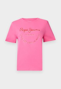 Rosa bomullströja med korta ärmar, med textdesignen "Pepe Jeans London" och "LÅT OSS GÅ FÖRLORADE I MUSIK". Slät textur och rund halsringning.