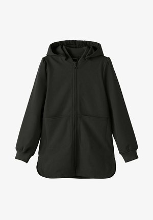 Veste noire à manches longues avec capuche, fermeture éclair devant, poignets côtelés, deux poches avant et ourlet légèrement arrondi.