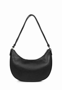 Schwarze Leder-Schultertasche mit einer geschwungenen Form, glatter Textur und einem einzigen verstellbaren Tragegurt. Sie verfügt über einen Reißverschluss entlang der oberen Kante.