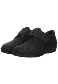 Gray felt slippers with a Velcro strap, rounded toe, and a low black wedge heel. Soft texture with a simple design and minimal accents.