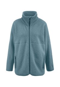 Giacca in pile di un morbido blu chiaro con colletto alto, chiusura frontale con zip e due tasche laterali con zip. Presenta una finitura testurizzata.