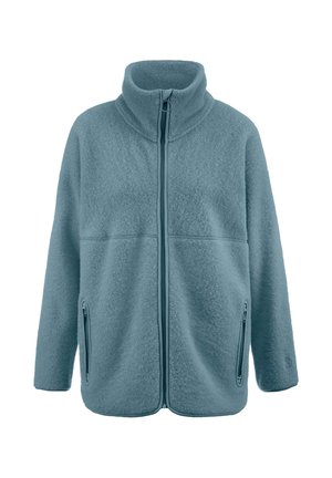 Fleece trainingsjack in lichtblauw, zacht materiaal met een hoge kraag, rits aan de voorkant en twee zijzakken met rits. Heeft een textuurafwerking.