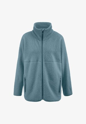 Fleecejacke in sanftem, hellblau mit hohem Kragen, Front-Reißverschluss und zwei seitlichen Reißverschlusstaschen. Hat eine strukturierte Oberfläche.