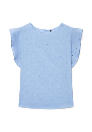 Blouse bleu clair à manches courtes avec broderie florale ajourée, manches volantées, encolure ronde et fermeture à boutons dans le dos.