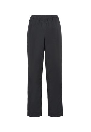 Pantaloni neri resistenti all'acqua con vita elasticizzata, vestibilità ampia e texture liscia, adatti per attività all'aperto. Nessuna ferramenta visibile.