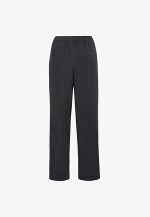 Pantaloni neri resistenti all'acqua con vita elasticizzata, vestibilità ampia e texture liscia, adatti per attività all'aperto. Nessuna ferramenta visibile.