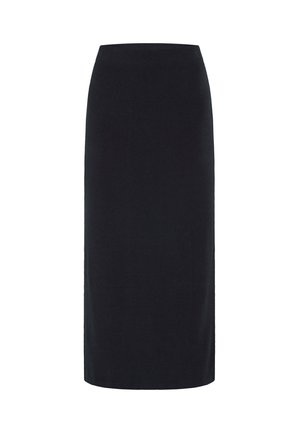 Black knee-length pencil skirt with a straight cut and simple waistband, displayed on a white background.