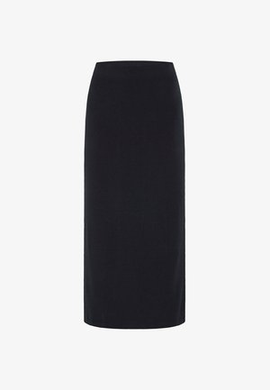 Black knee-length pencil skirt with a straight cut and simple waistband, displayed on a white background.