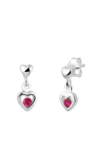 Boucles d'oreilles en argent en forme de cœur avec des pierres précieuses roses au centre, dotées d'un petit clou en forme de cœur et d'un design pendentif.