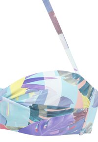 Višebojni bikini gornji dio s uzorkom tropskog lišća u pastelnim nijansama, s nabranim prednjim dijelom i podesivim naramenicama. Izrađen od rastezljivog materijala.