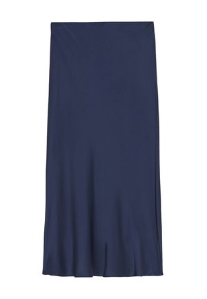 Gonna midi blu navy con tessuto liscio e fluente e un leggero svasamento all'orlo, senza motivi o decorazioni visibili.