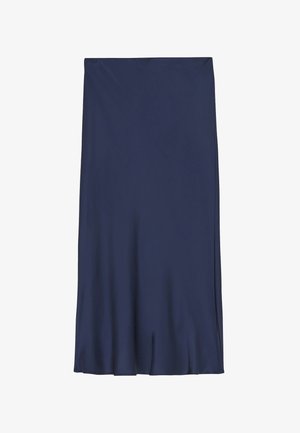 Gonna midi blu navy con tessuto liscio e fluente e un leggero svasamento all'orlo, senza motivi o decorazioni visibili.