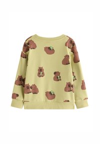 Lichtgroene trui met een herhalend patroon van bruine capibara's, waarvan sommige een avocado vasthouden, met een losse pasvorm en geribbelde boorden.