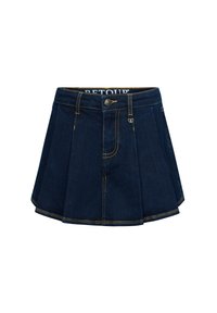 Gonna mini in denim blu scuro con pieghe, bottone anteriore, zip, passanti per la cintura e cuciture a contrasto gialle.