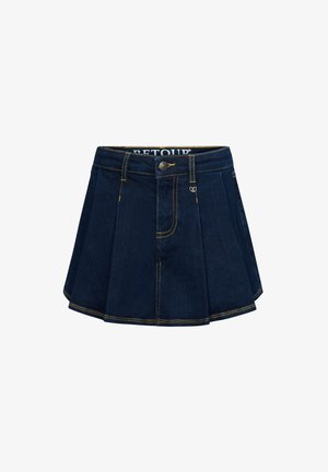 Donkerblauwe denim mini-jurk met plooien, voorste knoop, ritssluiting, ceintuurlussen en gele contraststiksels.