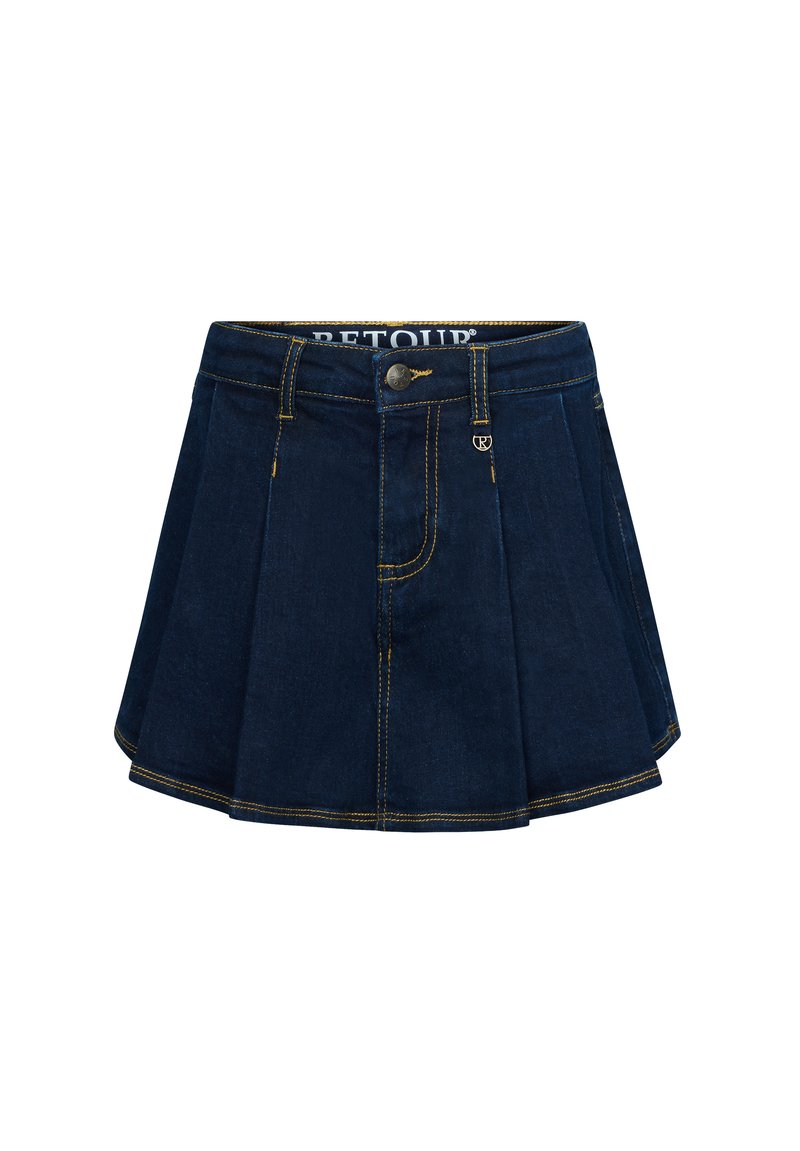 Gonna mini in denim blu scuro con pieghe, bottone anteriore, zip, passanti per la cintura e cuciture a contrasto gialle.