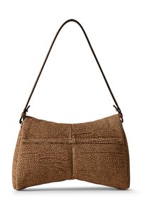 Brown textured handbag with a curved, structured shape. Features a long strap and two visible seams on the front for added detail.