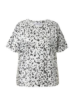 Bílý top s krátkým rukávem se vzorem černých leopardích skvrn. Měkký materiál; volný střih; kulatý výstřih; žádné viditelné kování ani akcenty.