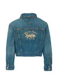 Giacca di jeans blu con un design corto, dotata di colletto a punta e ricamo sul retro che recita "American Original Tommy New York City."