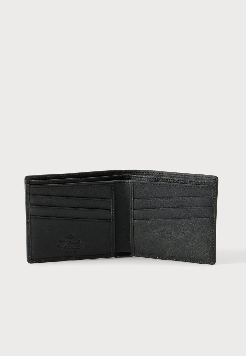Black leather bifold wallet open to show six card slots and two bill compartments on white background.