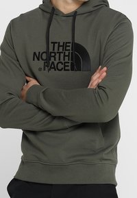 Sudadera color verde oliva hecha de una mezcla de algodón con un bolsillo frontal. Presenta un gran texto de logo negro "THE NORTH FACE" y cordones negros.