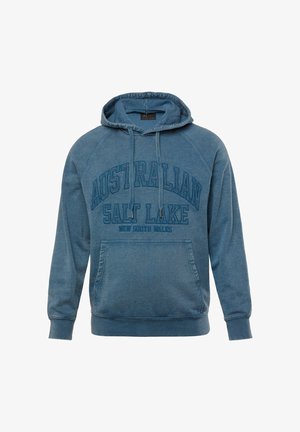 Capuchon sweatshirt in vervaagd blauw, met een kangoeroezak, ribgebreide mouwen en vetgedrukte tekst "AUSTRALIAN SALT LAKE NEW SOUTH WALES." Zachte textuur.