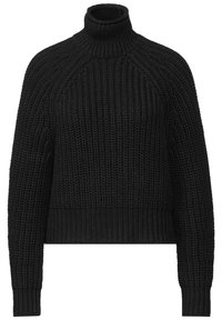 Maglione nero lavorato a maglia con colletto alto a dolcevita, polsini e orlo a coste. Presenta una texture spessa e maniche raglan per un fit rilassato.