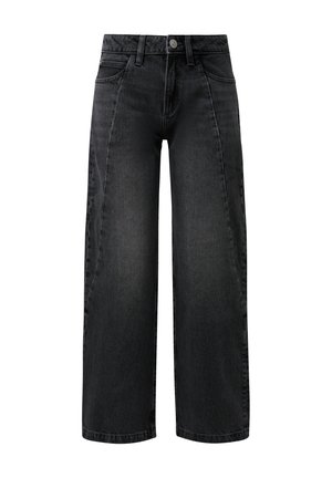 Wijdvallende zwarte denim jeans hebben een eenvoudige uitstraling, vijf zakken en een knoopsluiting in de taille. De stof heeft een zachte textuur.