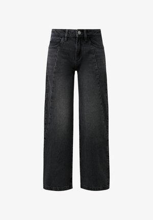 Wijdvallende zwarte denim jeans hebben een eenvoudige uitstraling, vijf zakken en een knoopsluiting in de taille. De stof heeft een zachte textuur.
