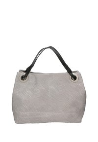 Borsa intrecciata grigia con superficie testurizzata, dotata di manici neri e accenti metallici circolari. Progettata per praticità e stile.