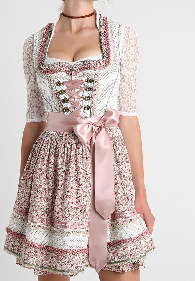 Robe blanche avec un motif floral rose, des manches en dentelle et un corsage ajusté. Ruban décoratif et laçage à l'avant, avec une jupe évasée.