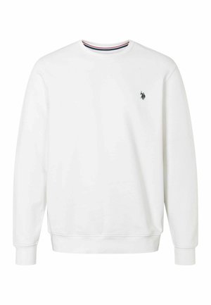 Valge puuvillane sveter, millel on ümar kaelus, pika varrukaga ja väike tikandiga logo rinnal. Pehme tekstuur.