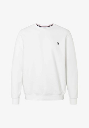 Valge puuvillane sveter, millel on ümar kaelus, pika varrukaga ja väike tikandiga logo rinnal. Pehme tekstuur.