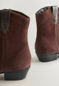 Botines de ante marrón con un detalle de tira de cuero suave, una apertura de tobillo amplia y un tacón bajo negro. Superficie texturizada con un diseño limpio.