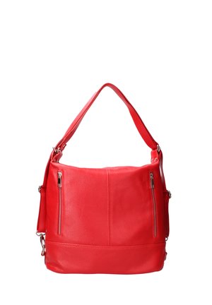 Sac à main en cuir rouge avec double anse supérieure, présentant deux poches zippées à l'avant et une surface texturée. Forme rectangulaire.