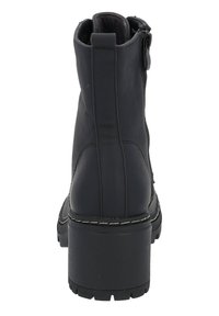 Black ankle boot with a smooth texture, rounded toe, and a chunky heel. Features a side zipper and contrasting stitching along the sole.