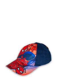 Cappello di Spider-Man con design rosso e blu navy, stampa grafica di Spider-Man e visiera curva. Materiale in cotone con dettagli del logo ricamati.