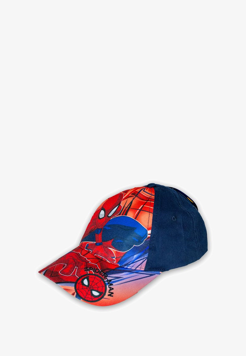 Spider-Man-Cap mit einem roten und marineblauen Design, Grafikdruck von Spider-Man und einem gebogenen Schirm. Aus Baumwollmaterial mit gesticktem Logodetail.