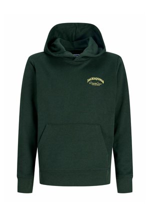 Sweat à capuche vert foncé avec poche avant et petit logo jaune "Jack & Jones Denim Crew Collective" sur la poitrine.