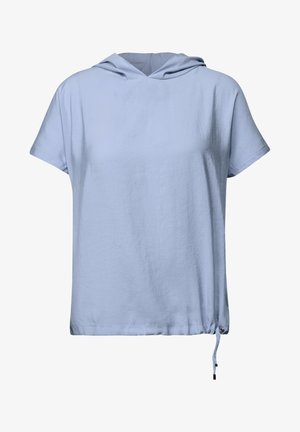 Světle modrá mikina s krátkým rukávem a volným střihem, která má stahovací šňůrku na spodním lemu a měkkou, texturovanou tkaninu.