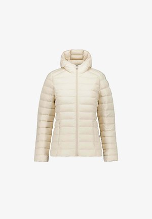 Beige gesteppte Jacke mit hohem Kragen, durchgehendem Frontreißverschluss und horizontalen Steppnähten. Verfügt über lange Ärmel und ein leichtes, gesteppte Design.