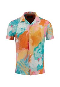 Kurzärmliges Hemd mit einem bunten, abstrakten Muster in Orange, Blaugrün, Pink, Gelb und Weiß.