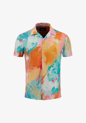 Short-sleeve button-up shirt with a colorful abstract pattern in orange, teal, pink, yellow, and white tones.