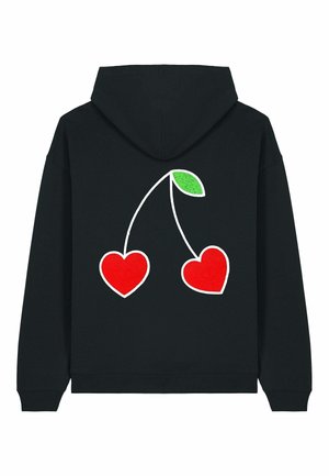 Felpa nera con una stampa bianca che rappresenta due cuori rossi e una foglia verde, visibile sul retro. Tessuto morbido e vestibilità standard.