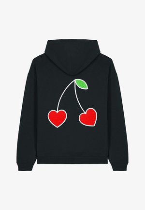 Schwarzer Hoodie mit einem weißen Umrissdesign von zwei roten Herzen und einem grünen Blatt, auf der Rückseite dargestellt. Weicher Stoff und normale Passform.
