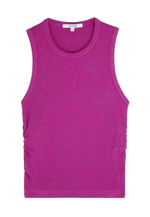 Top senza maniche fucsia con texture a coste, con dettagli arricciati ai lati e scollatura rotonda. Etichetta "SCALPERS", taglia piccola.