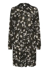 Schwarzes Blumenkleid mit langen Ärmeln, featuring einem runden Ausschnitt, geraffter Taille und weißen Blumenmustern auf einem strukturierten Stoff.