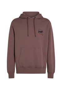 Hanorac maro dintr-un material moale, cu un buzunar frontal, glugă cu șnururi și un design minimalist de culoare neagră reprezentând o față ce poartă ochelari de soare.