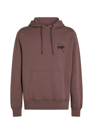 Sudadera marrón hecha de una tela suave con un bolsillo delantero, capucha con cordón y un gráfico minimalista negro de una cara usando gafas de sol.